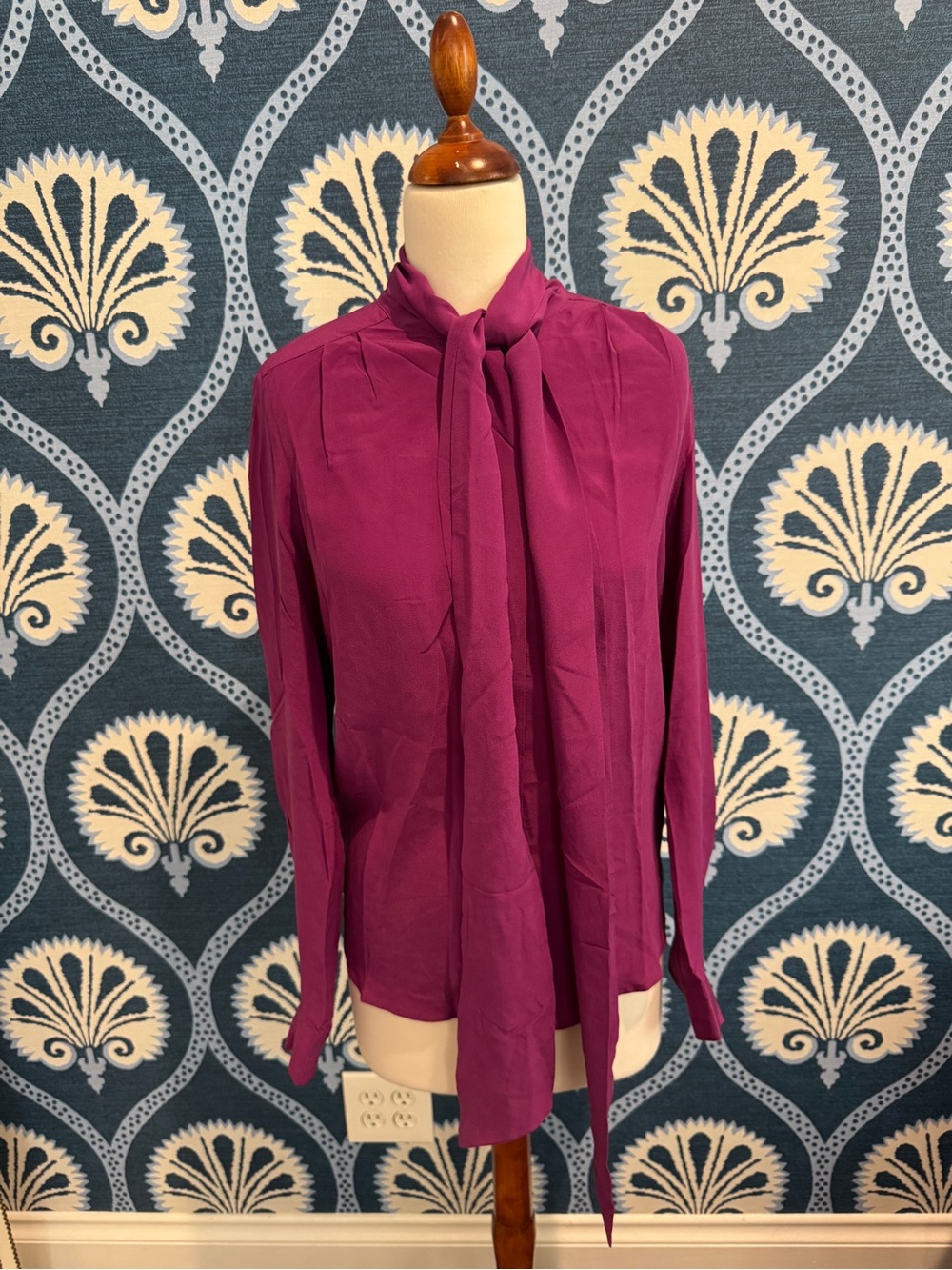 Tie-Neck Long Sleeve Blouse in Deep Magenta
